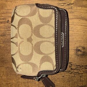Coach Signature Tan and Brown Zip Wallet